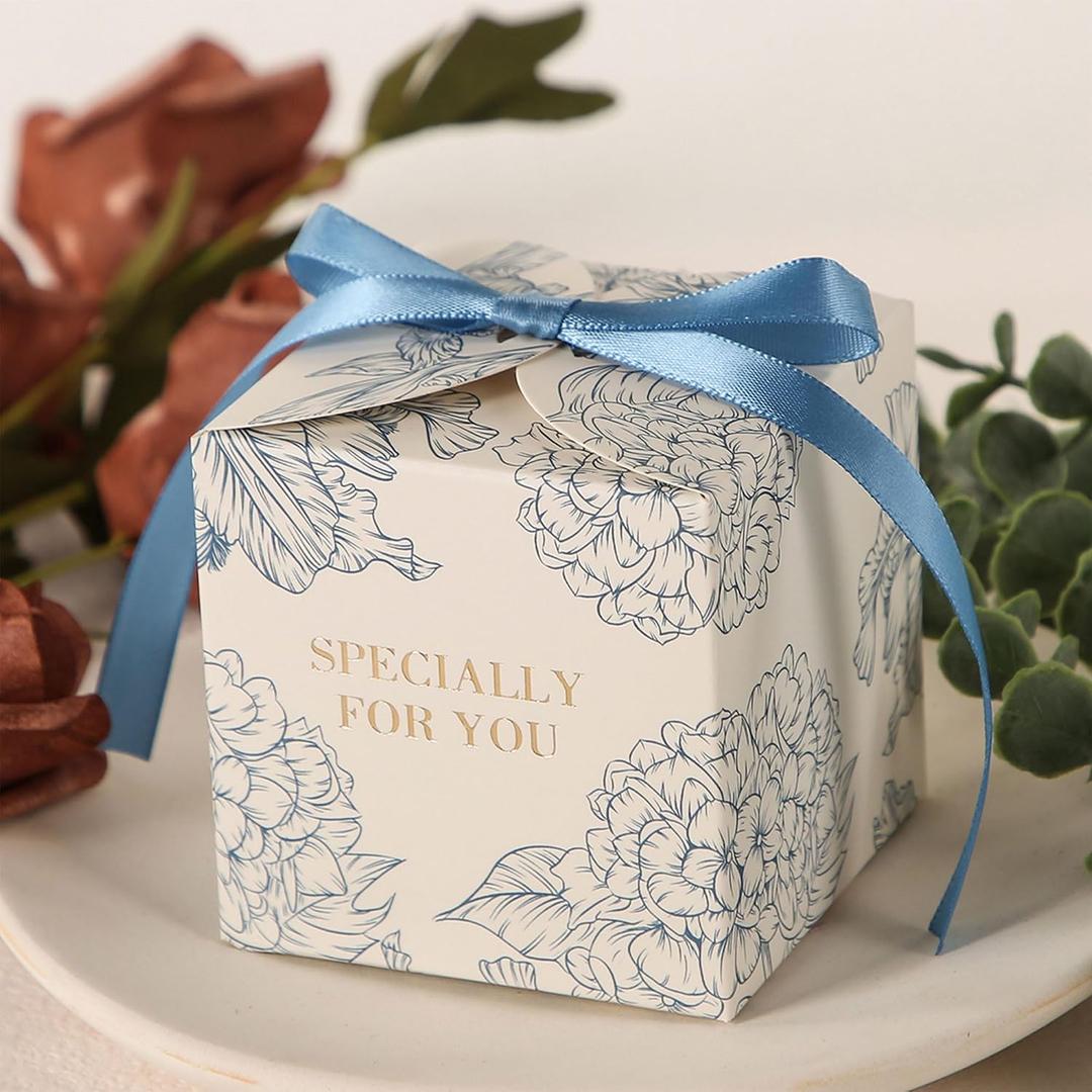 Yoption 50pcs Hydrangea Party Favor Boxes, 2.75 x 2.75 x 2.75 Inch Blue Candy Boxes with Ribbons for Wedding Bridal Baby Shower Birthday Party Decorations, 1 Count