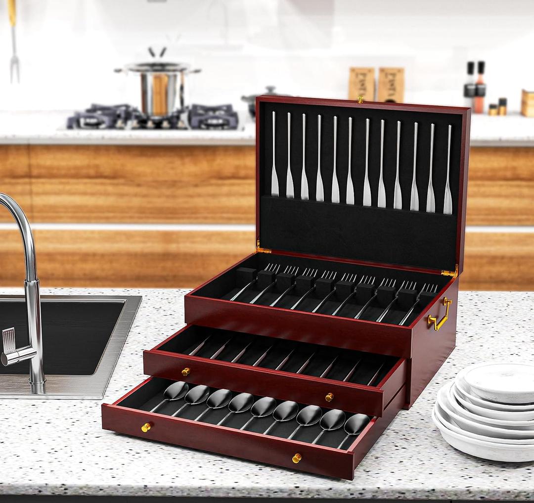 mopam Wood Silverware Chest Without Silverware,Silverware Storage Box 3-Layer Wooden Silverware Chest with Drawer for Spoons Tongs Serving Utensils, 11.81 x 15.77 x 6.69 inches