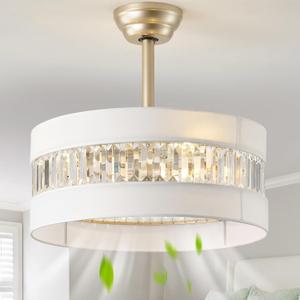 20" Gold Fandelier Ceiling Fan with Lights, Mid Century Gold Caged Ceiling Fans with Lights and Remote, Crystal with 6 Speeds for Bedroom, Living Room, Kitchen