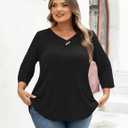 FOLUNSI Womens Plus Size 3/4 Roll Sleeve Blouses V Neck Casual Tunic Tops (Black, L)