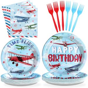 96Pcs Airplane Birthday Party Decorations Red & Blue Airplane Aircraft Plates and Napkins Tableware Set How Time Flies Birthday Decorations for Boys Baby Shower Pilot Plane Party Supplies Serve 24