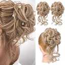 HOOJIH 2PCS Messy Bun Hair Piece, Tousled Updo with Tendrils Hair Bun Extensions Wavy Curly Wrap Ponytail Hairpieces Scrunchies for Women HB010 Dasiy - Medium Blonde
