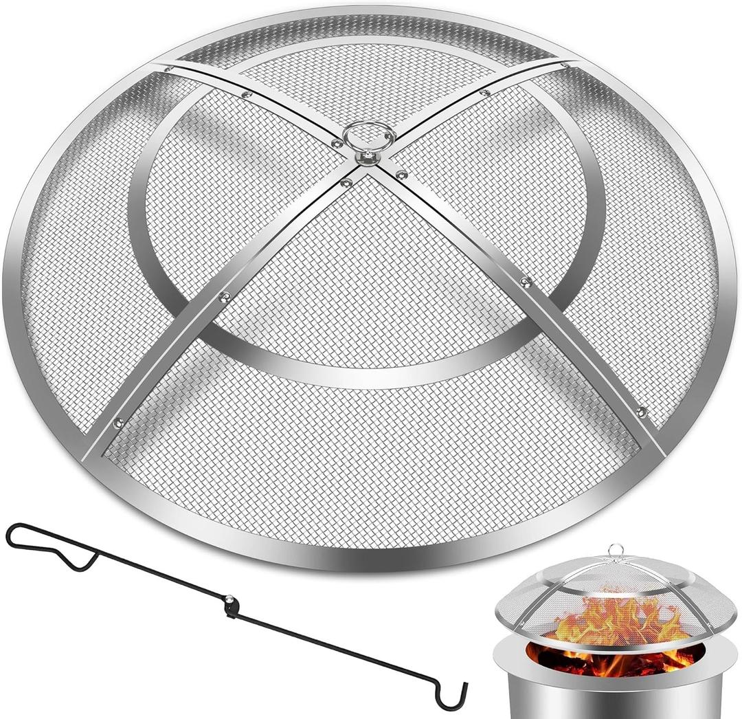 Fire Pit Spark Screen,36 Inch Fire Pit Screen Cover Stainless Steel Outdoor with Handle&Poker,Firepit Screens Cover Round Mesh Lid Heavy-Duty Steel Replacement for Backyard/Beach/RV Camping