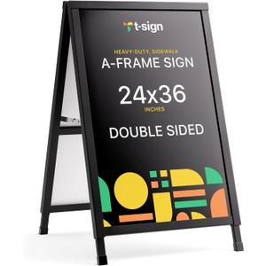 T-SIGN Outdoor A-Frame Sidewalk Sign 24x36 Inch Sandwich Board, Black Coated Steel Metal Double-Sided, Heavy Duty Slide-in Folding Frame Sign Holder, 2 Corrugated Plastic Poster Boards, Display Stand
