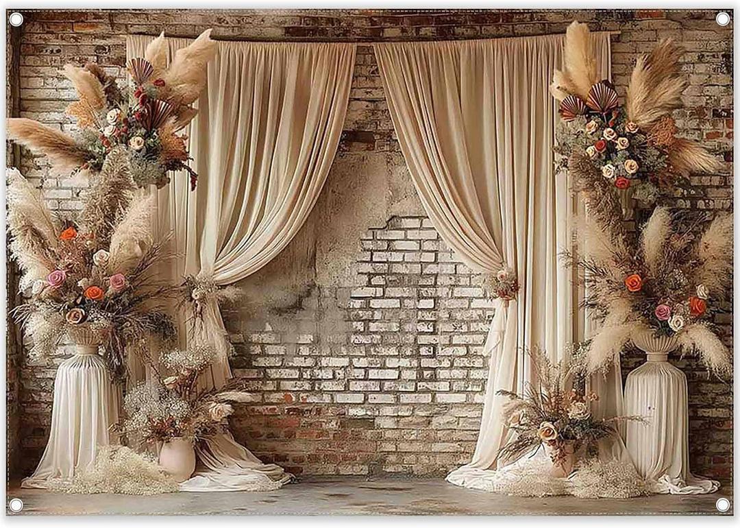 7x5ft Fabric Digital Printing Boho Floral Wedding Backdrop Pampas Grass Curtain Photography Background Bridal Shower Party Decoration Photo Banner