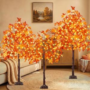 3 Pack 4/5/6FT 300 LED Lighted Maple Tree, Artificial Fall Tree Warm White