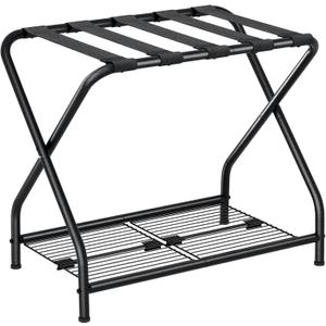 1-Piece Foldable Black Luggage Rack Stand with Storage Shelf – Heavy Duty Metal Suitcase Holder, 150 lbs Top, 50 lbs Bottom, Fits 20”-28” Luggage – Guest Room, Bedroom, Hotel LR-BK-1