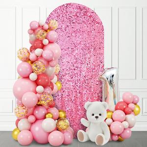 6.6 FT Bling Arch Backdrop Cover, Pink Sequin Wedding Arch Stand Cover, Round Top Fitted Chiara Backdrop Cover for Birthday Party Ceremony Baby Shower Banquet Decoration
