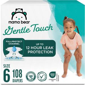 Amazon Brand - Mama Bear Gentle Touch Baby Diapers, Size 6, 108 Count (4 Packs of 27), Hypoallergenic, Wetness Indicator