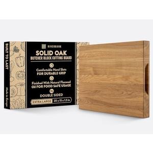 Riverbank Solid Wood Oak Butcher Block Cutting Board in Extra Large XL Size 20"x15"x1.5", Reversible Wooden Chopping Board with Handles, Gift Box Included