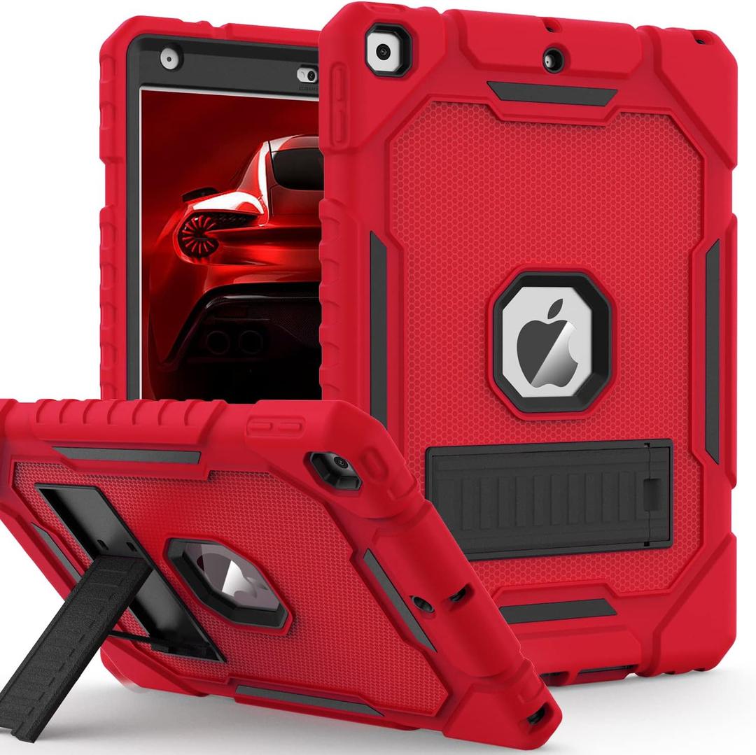Case for iPad 9th/8th/7th Generation 2021/2020/2019(10.2 inch), Heavy Duty Shockproof Rugged Protective 10.2" Cover with Built-in Kickstand for iPad 9 8 7 Gen (Red+Black+Black)