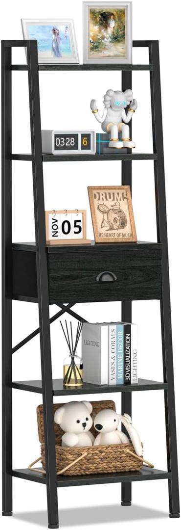 Furologee 5 Tier Bookshelf, Ladder Shelf with Drawer, Tall and Narrow Bookcase, Storage Shelves Organizer,Industrial Display Standing Units for Bathroom,Kitchen,Bedroom,Living Room,Black Oak