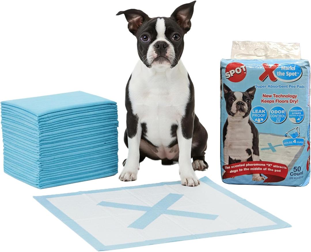 SPOT X Marks The Spot Extra Absorbent Puppy Pads with Adhesive Strips & Pheromones – Attracts Dogs to Center for Training & Potty, 22" x 22", 50-Pack