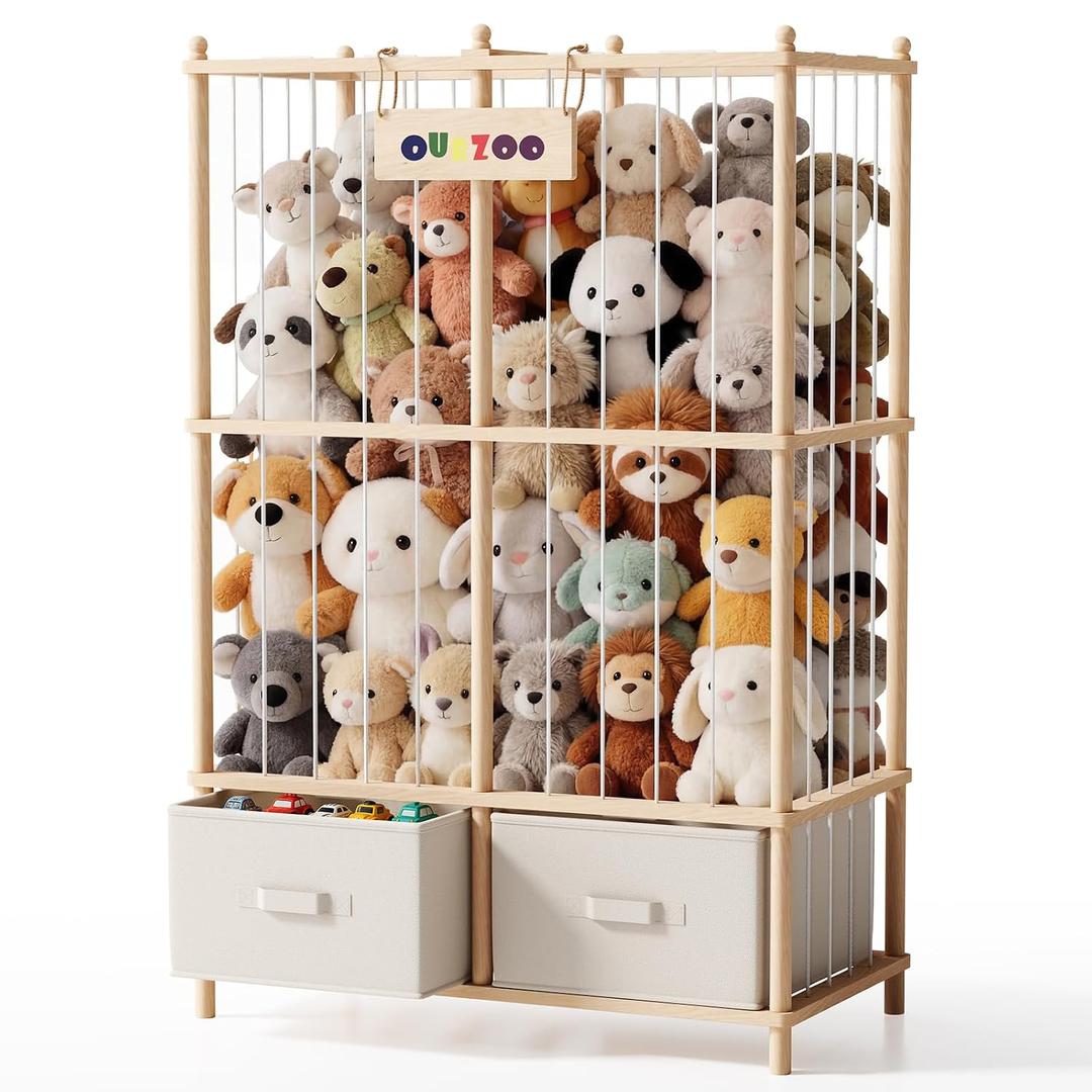 Large Stuffed Animal Storage & Organizer, Wooden Cute Zoo Toy Holder with Wooden Bottom and Two Large Capacity Plush Toy Chests for Toddler Rooms, Nursery, Playrooms & Bedrooms
