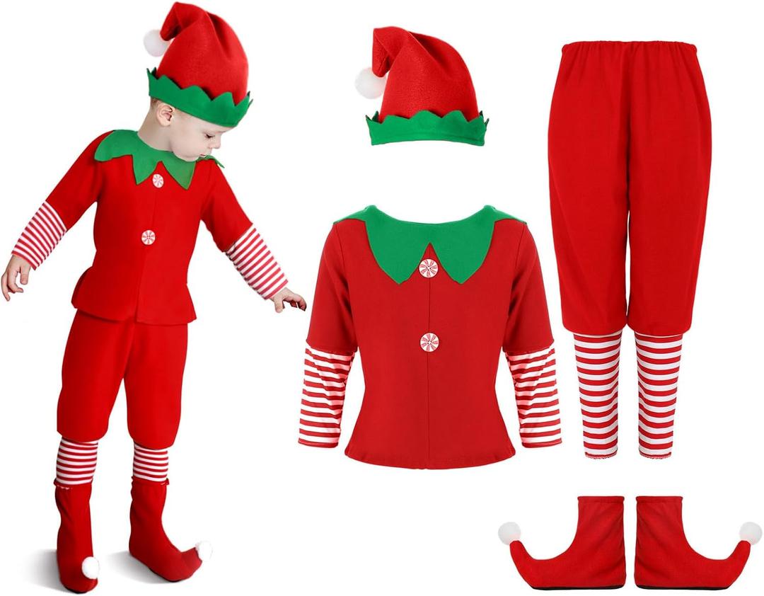 Geyoga Kids Christmas Elf Costume Outfits Include Hat Shoes and Other Accessories for Toddler Xmas Cosplay (Small, Red)