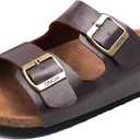 ONCAI Mens Sandals,Beach Slides Cork Footbed Slippers with Adjustable Buckle Straps (15, Dark Brown)
