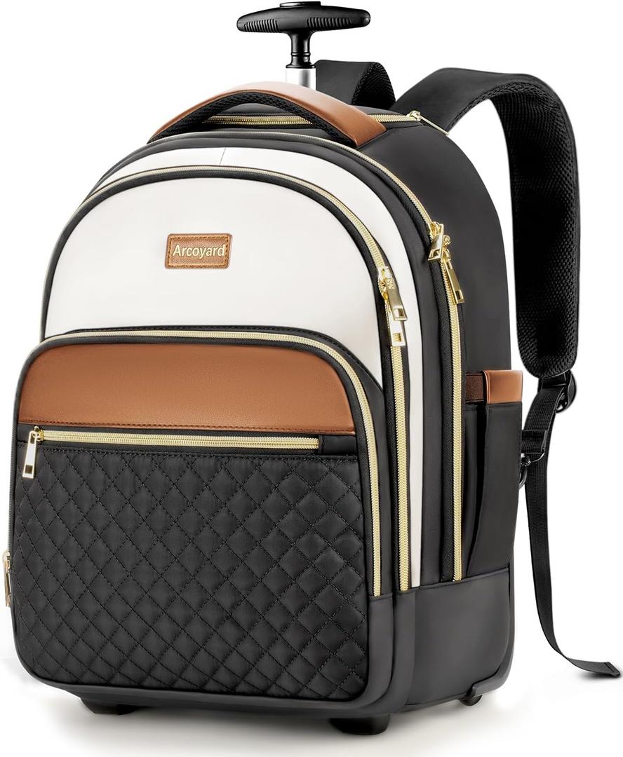 Arcoyard Small Rolling Backpack for Women, Lightweight Travel Backpack with Wheels, Roller Backpacks for Adults, Water Resistant Rolling Laptop Bag, Wheeled Underseat Carry On Luggage, Beige Brown