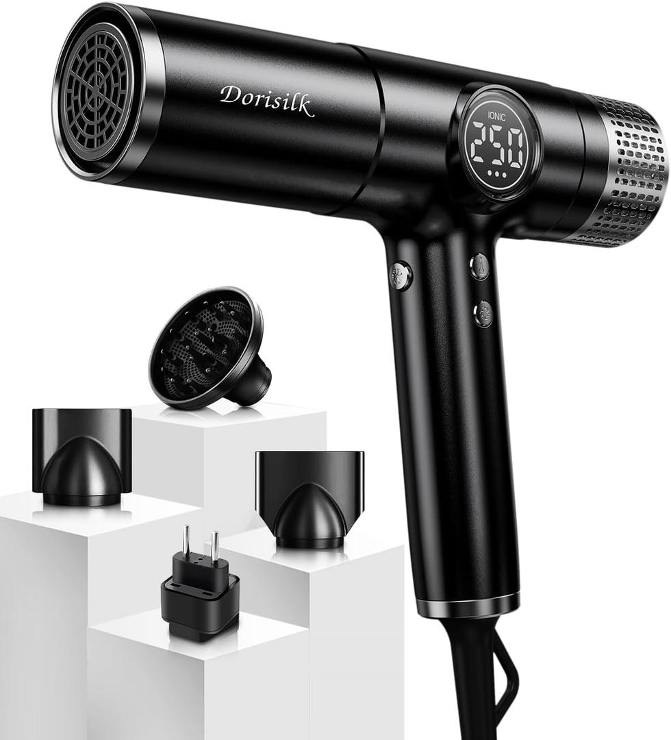 DORISILK Dual Voltage Hair Dryer for International Travel1875W Professional Hair Dryer with 160000 RPM Brushless Motor for Fast Drying Low Noise Ionic Blow Dryer with Diffuser for Curly Hair (Matte Black)