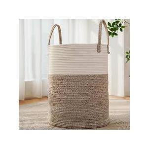 Large Woven Laundry Basket Hamper,60L Cotton Rope Storage Bin for Blankets,Toys and Clothes,Decorative Tall Nursery Hamper for Living Room,Baby Nursery,Bathroom and Bedroom,Brown