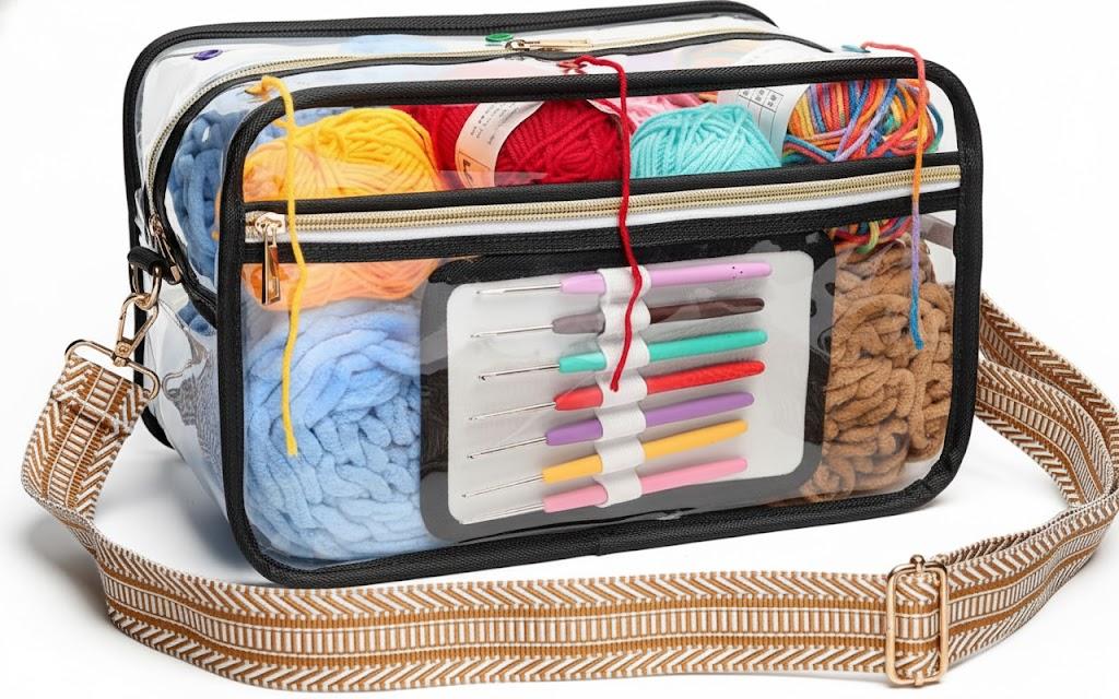 SIHEJA Crochet Bag - Transparent Yarn Storage - Yarn & Crochet Accessories Organizer, Gifts - Black & Striped Jacquard Shoulder Straps