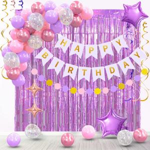 Purple Birthday Party Decorations for Girls Women - Purple Happy Birthday Banner Package With Foil Curtain Backdrop, Pink Purple Balloons Kit Set for Kids Ladies Her Adult Party Decor. Supplies.