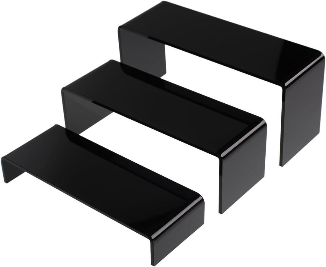 KOSKWKREO 3 PCS Black Acrylic Display Risers for Figures, Collectibles, Jewelry and Cosmetics, Tiered Stands for Party Table, Home Decor and Retail Use