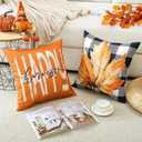 Artscope Fall Decorative Throw Pillow Covers 16x16 Inch Set of 4, Hello Happy Autumn Pumpkin Buffalo Plaid Maple Leaves Harvest Outdoor Farmhouse Pillow Cases for Home Sofa Couch-Orange B
