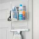 mDesign Steel Metal Over Door Ironing Board Holder with Large Storage Basket for Laundry, Utility, Mudroom, Garage - Holds Iron, Board, Spray Bottles, Starch, Detergent, Fabric Refresher - White