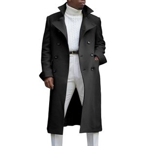 Ebifin Men's Notch Lapel Double Breasted Long Trench Coat Casual Cotton Blend Peacoat (Black)