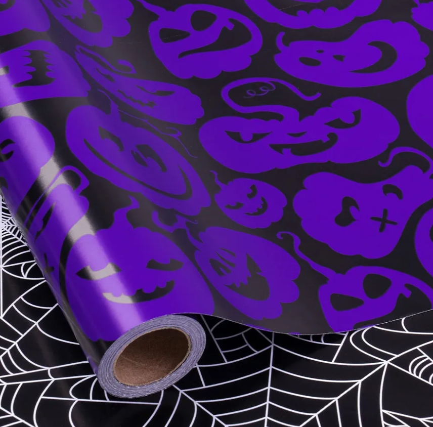 RUSPEPA Reversible Halloween Wrapping Paper, Mini Roll, Black Spider Web and Purple Ghost Design Gift Wrap Paper for Halloween Party, Trick or Treat, Birthday, Holiday Presents, 30 Inches X 32.8 Feet