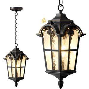 Outdoor Pendant Light Dusk to Dawn for Porch, Anti-Rust Aluminum Outdoor Chandelier, Waterproof Exterior Hanging Lighting Fixtures with Ripple Glass for Front Door, Gazebo, Black Finish with Gold Edges