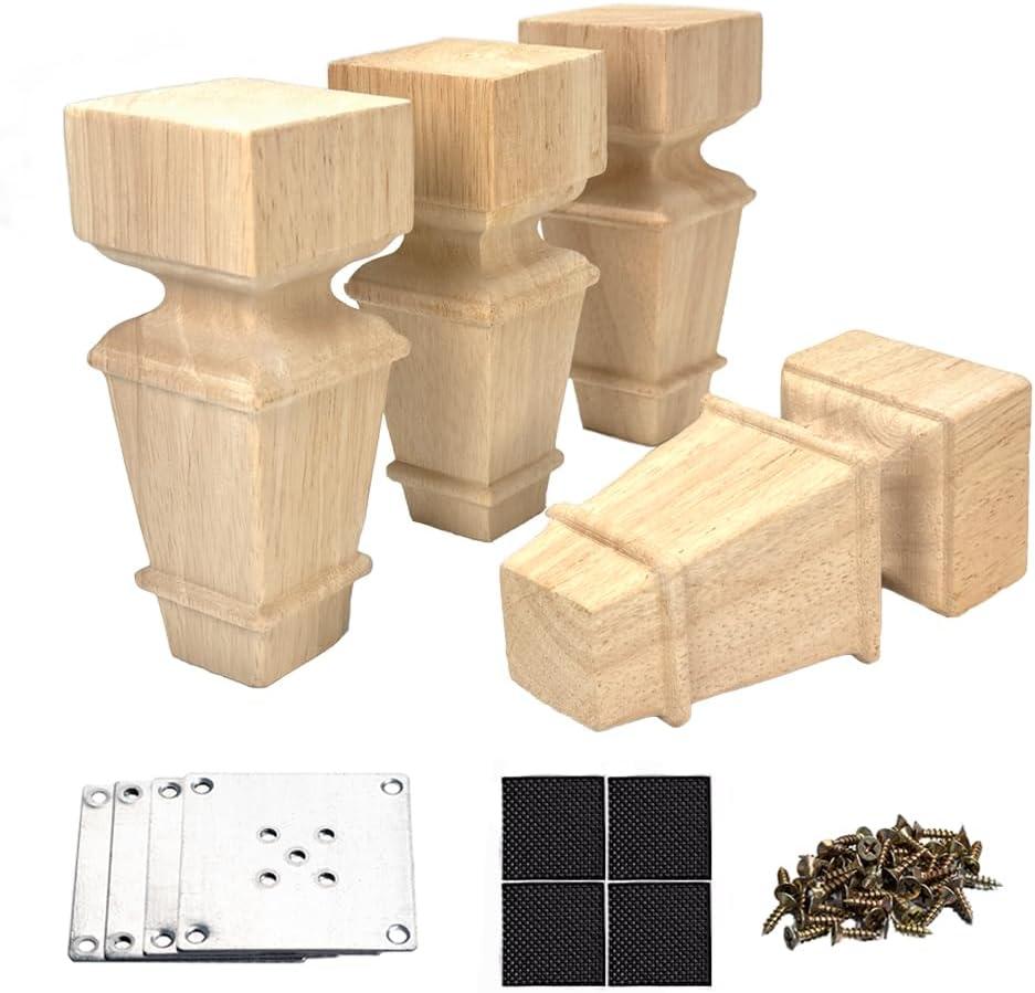 6 Inch Wooden Furniture Legs with Mounting Plates Screws Set of 4 Solid Wood Unfinished European Style Replacement Furniture Feet for Couch Cabinet Sofa Ottoman TV Stand Home DIY Projects (6 inch)