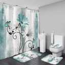 AZHM Rustic Farmhouse Shower Curtain Set 4pcs Farm Teal Daisy Floral Bathroom Decor Set with Shower Curtain and Rugs and Accessories (Green)