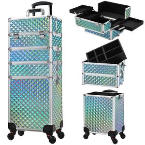 Stagiant Rolling Makeup Case Cosmetology Case on Wheels 4 in 1 Makeup Travel Case Large Cosmetic Organizer Storage with Key Swivel Wheels Nail Artist Salon Traveling Cart Trunk Watery Blue