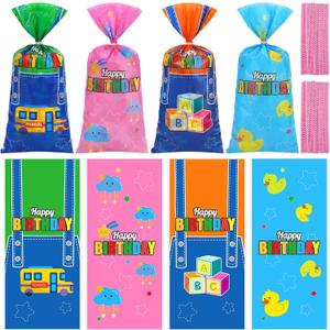 Glenmal 100 Pcs English Teacher Party Gift Bags Cartoon Enlightened Teacher Birthday Party Decorations Cellophane Treat Bags with Twist Ties for Goodie Candy Snack Birthday Classroom Decor Supplies
