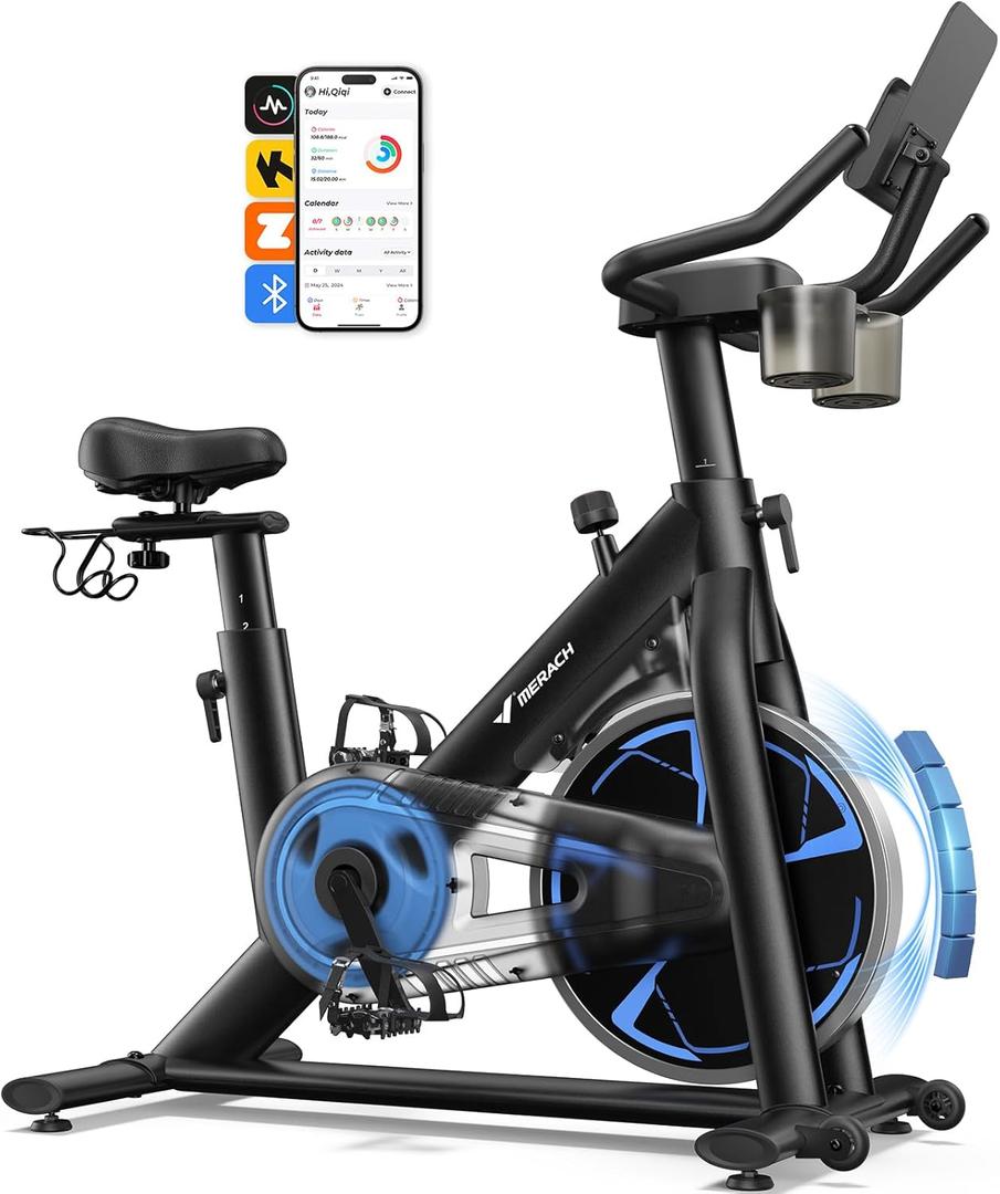 Merach Magnetic Exercise Bike, Low Noise Stationary Bike for Home with Comfortable Seat Cushion, Spinning Bike with 330 lb Weight Capacity, Exclusive App, Tablet Mount and Fitness Courses (S36 Magnetic - Blue)