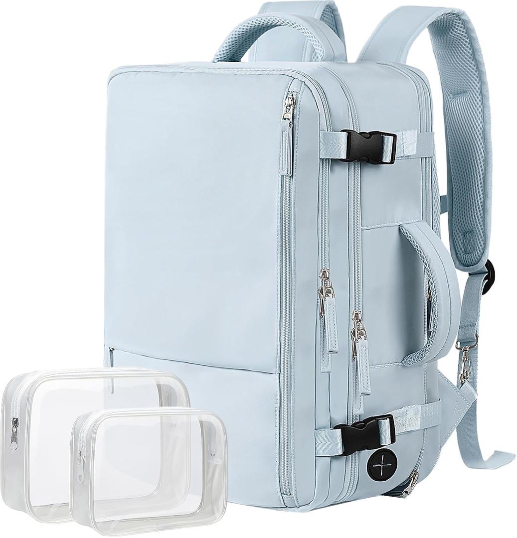 Hanples Large Travel Backpack for Women, 40L Carry on Luggage Backpack, 17 Inch Laptop Backpack with USB Charging Port, Waterproof Casual Bag Gift for Men with 2 Toiletry Bags (Light Blue)