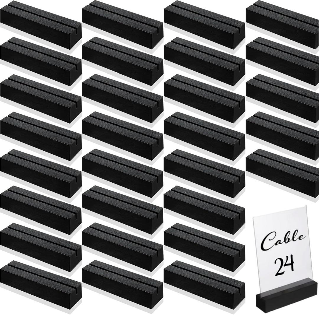 Blosssound 24 Pcs Wood Place Card Holders Black Wooden Table Number Holder Stands Name Card for Wedding Party Events Exhibition Decoration Office Restaurant Business(Black,4.61 x 1.1 x 1 Inches)
