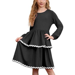 CHILDRENSTAR Girls Long Sleeves Ruffled Dress Fall Loose Fit Rickrack Tiered Flowy Twirl Dresses for Kids (Black)