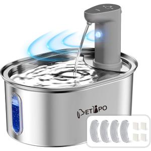 Cat Water Fountain Wireless Cordless with 4 Filters, Stainless Steel Pet Water Fountain with Auto Shut Off Pump, Battery Operated Cat Fountain Rechargeable Water Fountains for Cats Dogs - 3.2L/108oz