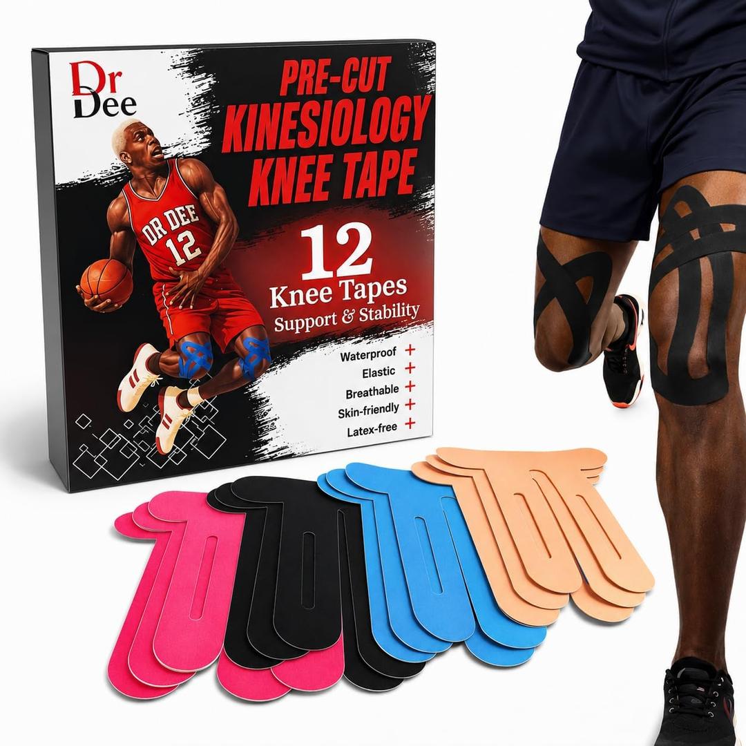 Kinesiology Tape for Knees, 12 Pcs 9"×10" – Athletic Tape for Support & Stability, Pre-Cut KT Tape, Waterproof Sweat-Resistant, Breathable Latex-Free Kinesiology Knee Tape for Sports by Dr. Dee