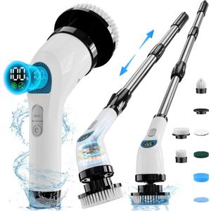 Electric Spin Scrubber, Cordless Cleaning Brush with 10 Cleaning Tools, 2H Long Battery Life, Adjustable Handle, IPX7 Waterproof Power Scrubber for Bathroom, Tub, Tile, and Car Cleaning (White)