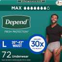 Depend Fresh Protection Adult Diapers, Incontinence Underwear for Men, Disposable, Maximum, Large, Grey, 72 Count (2 Packs of 36), Packaging May Vary