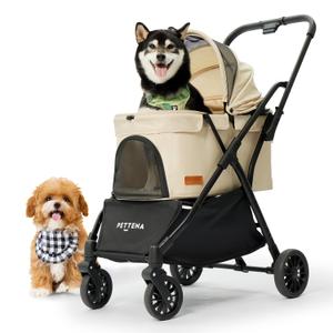 One-Pull Open Ver. PETTENA Dog Stroller for 2 Dogs, One-Touch Foldable Dog Stroller for Small/Medium Dogs Cats up to 55 Lbs, Khaki