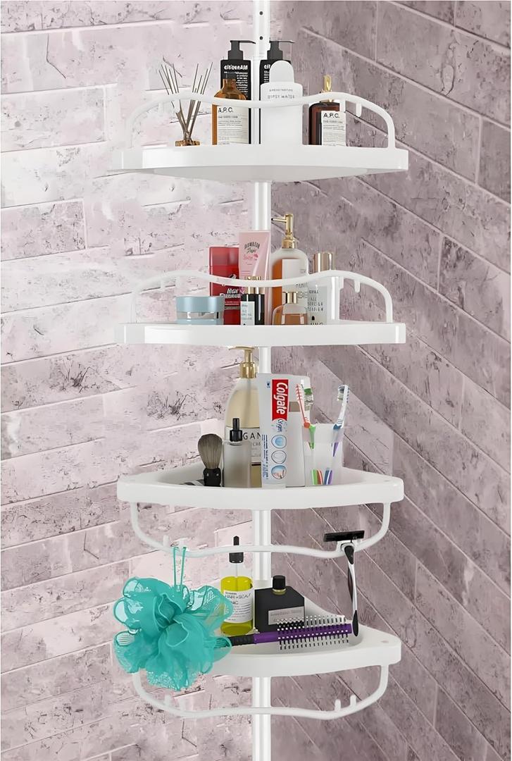 Shower Caddy Tension Pole with 4 ABS Baskets, Shower Storage Shelf with 56 to 125 Inch Adjustable Stainless Pole for Bathroom White