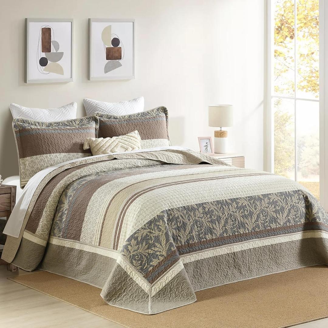 Farmhouse King Size Bedspread 120"x120" - 100% Cotton Lightweight Oversized King Quilt with 2 Pillow shams, Botanical Striped Quilted Bedding Coverlet Set for All Season, 3Pcs, Beige/Brown