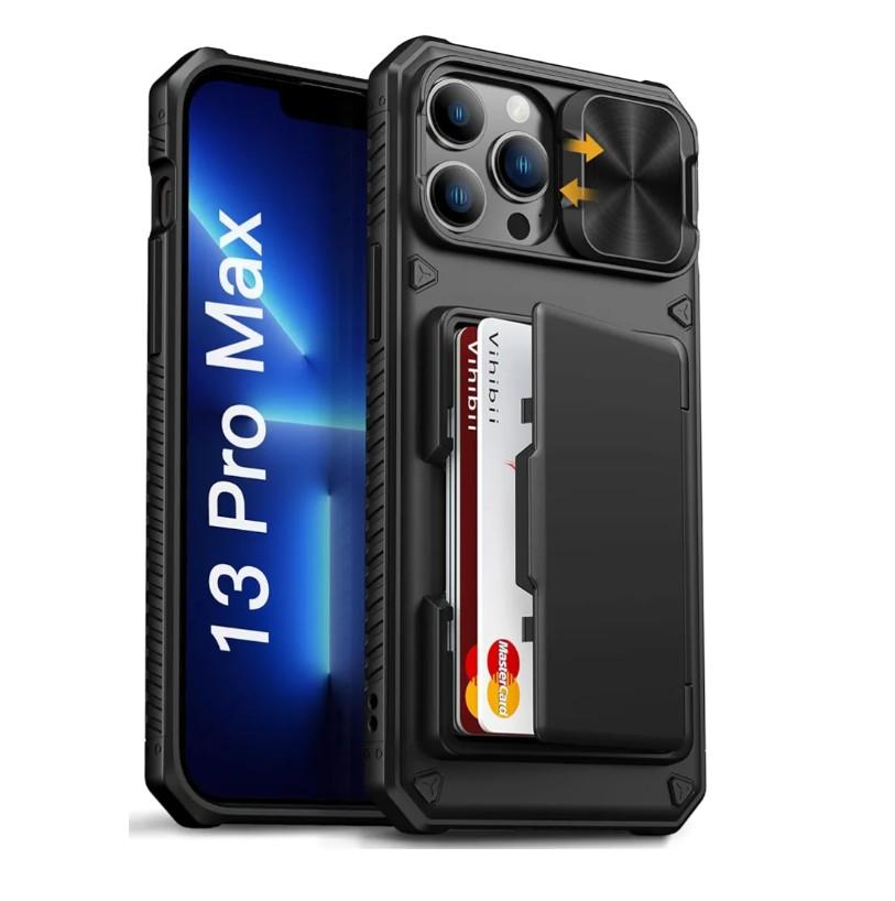 Vihibii for iPhone 13 Pro Max/iPhone 12 Pro Max Case with Card Holder (4 Cards) [RFID Blocking] & Slide Camera Cover, Military Grade Drop Protection, Rugged Back & Silicone Edge Wallet Case, Black