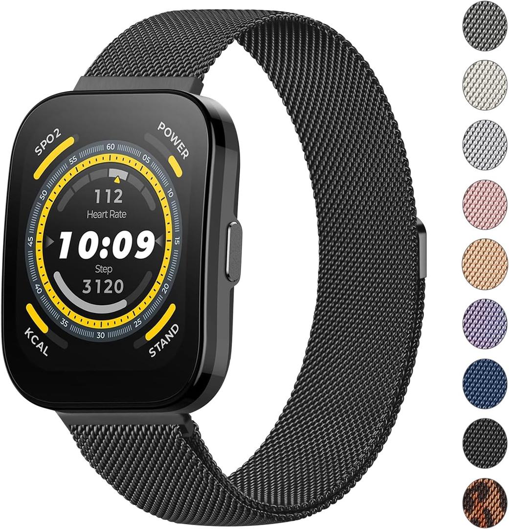 AK Metal Band for Amazfit Bip 5 / GTR 4 Bands - 22mm Stainless Steel Mesh Loop Magnetic Strap for Women & Men (Black)