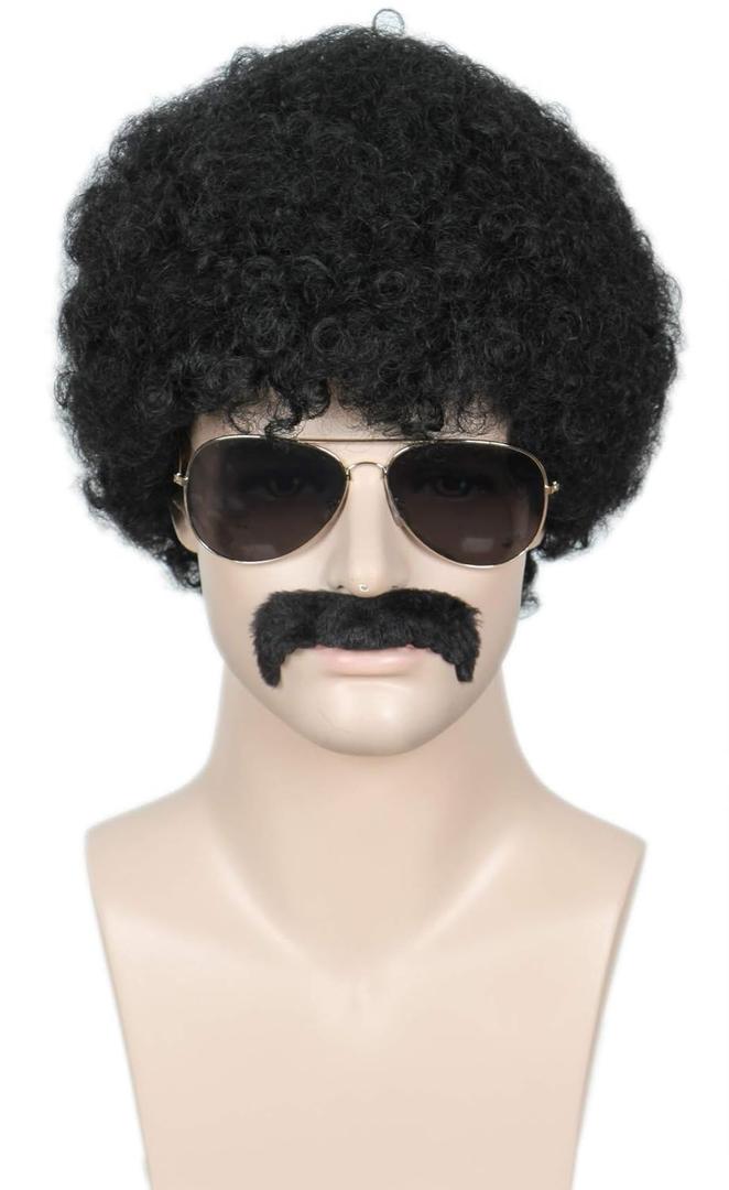 Linfairy Short 80's Costumes Men's Disco Dirt Bag Wig & Moustache Halloween Cosplay Costume Curly Black Wig