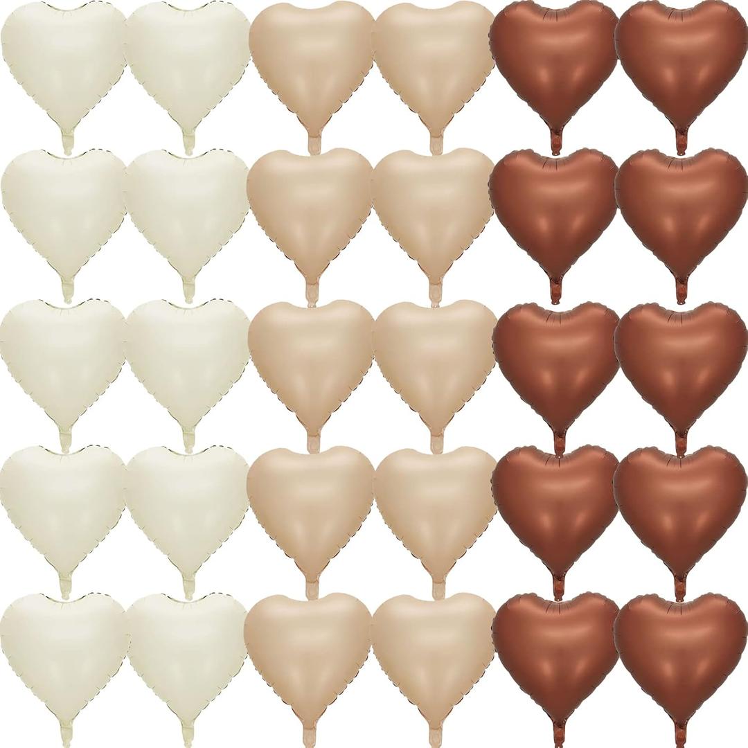 30 Pcs Heart Shaped Balloons 18in Brown Nude Tan Cream Caramel Foil Mylar Balloons Foil Balloon Decoration for Women Girls Valentine's Day Birthday Wedding Proposal Bridal Bachelorette Party Decor
